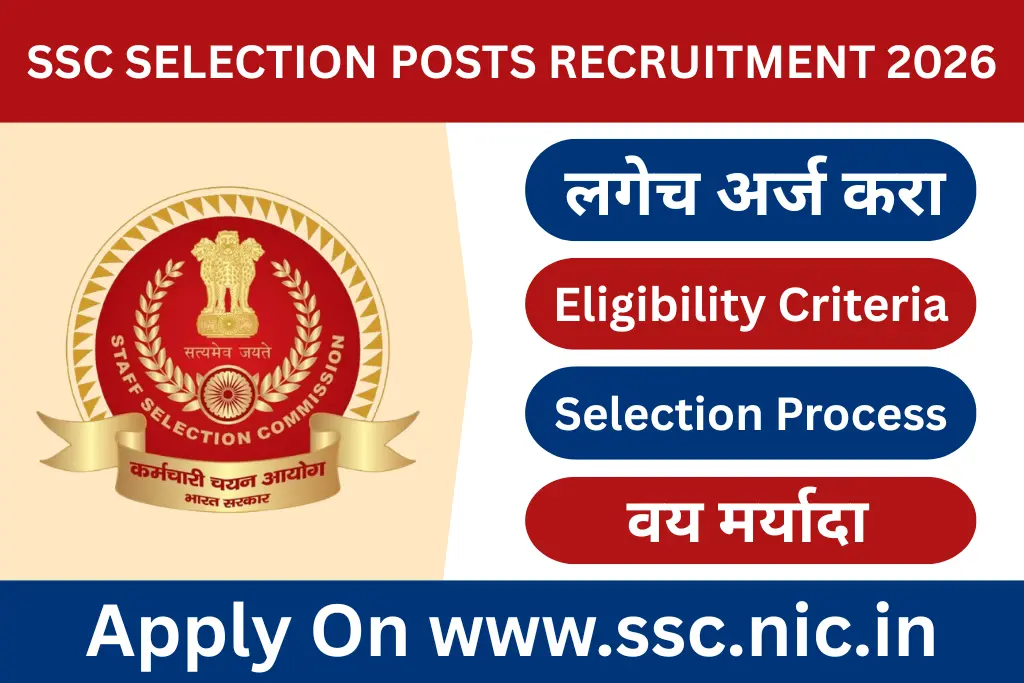 (SSC Selection Posts Recruitment 2026) SSC Selection Posts भरती 2026 मध्ये विविध ट्रेड पदांच्या भरती साठी इच्छुक व पात्र उमेदवार (पुरुष व महिला) अधिसूचना दि. 13 एप्रिल 2026 रोजी अधिकृत वेबसाईट www.ssc.gov.in या वेबसाईटवर त्यांनी SSC Selection Posts भरती च्या रिक्त जागा भरण्यासाठी घोषणा करण्यात आली आहे अर्जाची ऑनलाईन नोंदणी दि. 13 एप्रिल 2026 पासून अधिकृत वेबसाईटला भेट देऊन किंवा थेट लिंकवरून दि. 04 मे 2026 पर्यंत ऑनलाईन अर्ज करु शकतात दिलेल्या पोस्ट मध्ये महत्वाच्या तारखा, रिक्त पदे, पात्रता निकष इत्यादी सह SSC Selection Posts भरती 2026 ची तपशीलवार माहिती समाविष्ट आहे.
